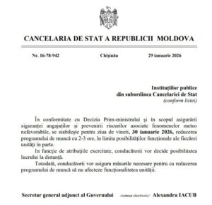 Programul de lucru al angajaților din instituțiile publice, scurtat cu două-trei ore pe 30 ianuarie