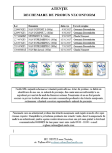 Un nou lot de hrană pentru bebeluși este recemat din cauza identificării unei neconformități la un ingredient